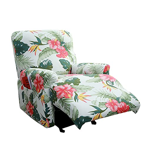 Highdi Funda de Sillón Relax Elástica Suave 4 Piezas con Bolsillos Laterales, Estampada Funda para Sillón Reclinable Relax Completo, Antideslizante Extraíbles y Lavables (Hojas Verdes)