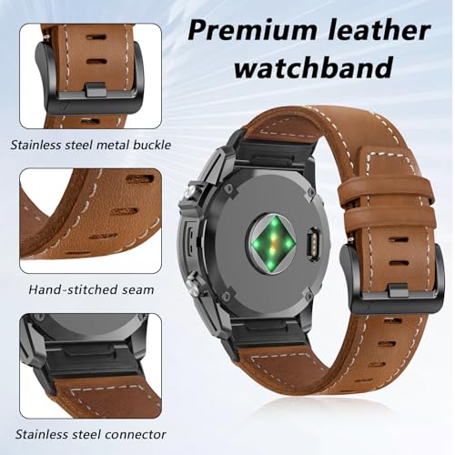 Image of ZPJPPLX 26mm Genuine Leather Quick fit Watch Band Compatible with Garmin Fenix 8 /quatix 51mm /Fenix 7X pro /7X /6X Pro /6X /5X Plus /5X /3 HR /3 /tactix 8 AMOLED-51mm /7 Pro /Enduro 3 2 /Descent Mk3i-51mm /Mk2i