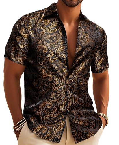 Men's Silk Shirt Paisley Floral Jacquard Short Sleeve Button Down Dress Shirts Formal Casual Wedding Party