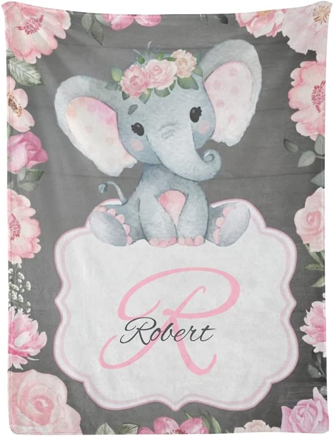 Pink Rustic Elephant Baby Girl Blankets with Name Custom Personalized Baby Nursery Super Soft Fleece Blanket for Boy Girl Birthday 30x40 Inches