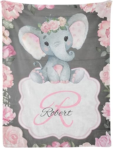 Manta de elefante rústico rosa con nombre, personalizada para guardería, manta de forro polar súper suave para cumpleaños de niños y niñas, 30 x 40