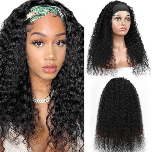 Image of Headband Wig Human Hair Kinky Curly Headband Wigs for Black Women Human Hair Headband Wig Curly Human Hair Wigs Brazilian Virgin Hair Wear and Go Glueless Wig Natural Color 200% Density 20 Inch