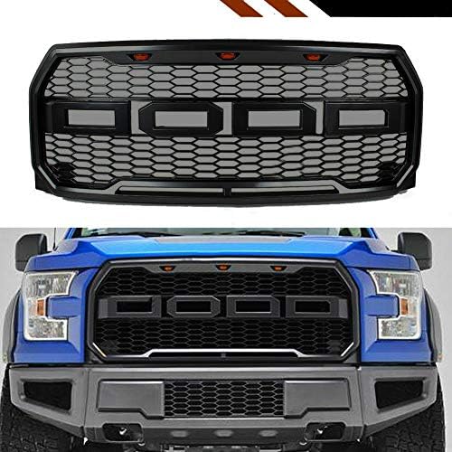 Front Grill for Ford F150 2015 2016 2017, Including XL, XLT, LARIAT, King Ranch, Platinum and Limited, Amber LED Lights included, Raptor Style Grill (MATT BLACK)
