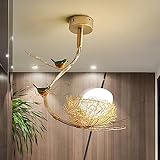 Aeyee Nest Ceiling Pendant Lamp, Fun Birds Chandelier, Aluminum Hanging Light Fixture with White Glass Shade for Bedroom Hallway