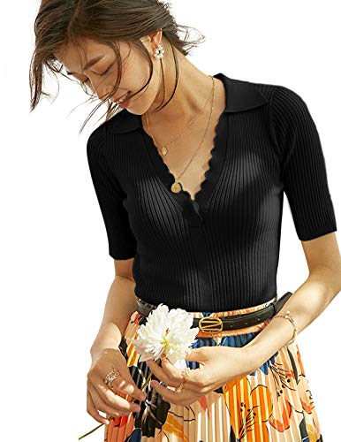 Kate Kasin Women's Polo Sweater Lightweight Knitwear V Neck Short Sleeves Spring Pullover Tops Black #TOP19