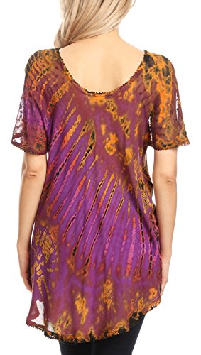 Sakkas Splenka Long Tie Dye Embroidered Corset Neck Cap Sleeve Blouse Shirt Top2