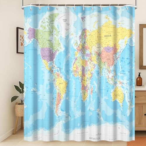 Xiaoterna Cortina de Baño Mapamundi Cortina de Baño Continentes del Océano Azul Cortina de Baño Mapa del Mundo Cortina de Ducha Educativa de Geografía Tejido Impermeable Lavable a máquina 180x240cm