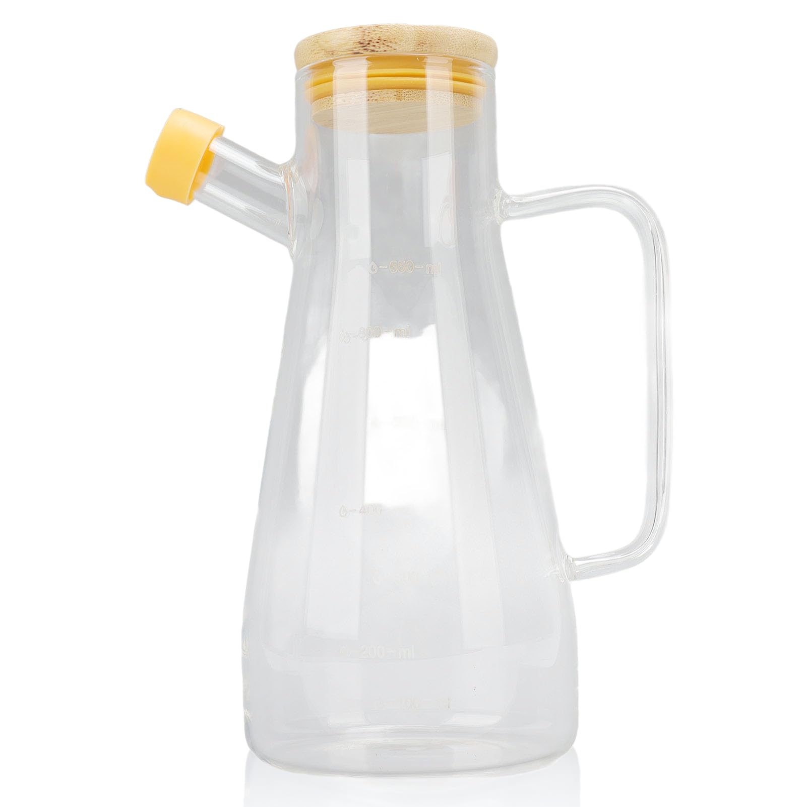 Oliera da cucina in vetro trasparente, dispenser per olio d'oliva, con coperchio in legno e manico ergonomico, dispenser per aceto (650 ml)