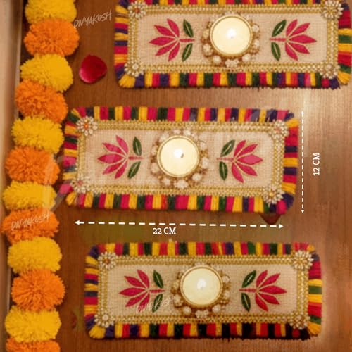 Image of Divyakosh Handmade Lotus Tea Light Table Runner Set of 2 with Led T-Light | Decorative Center Table Runner with Candle Holder | Diwali, Pooja, Wedding & Festive Home Decor