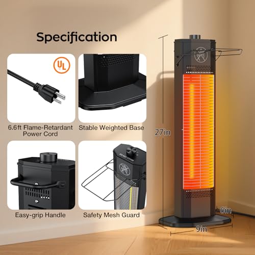 Image of Outdoor Electric Patio Heater, 27-inch Infrared Tower Heater with 1200W Instant Heating, IPX5 Waterproof, Tip-Over & Overheat Protection, Space Heater for Patio Garage Workshop Indoor & Outdoor Use