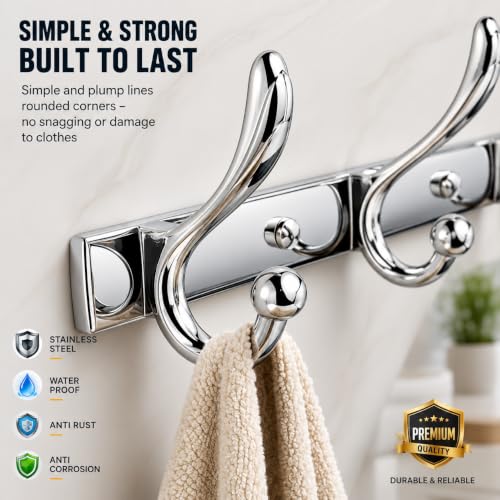 Image of Exclusive Extra Long 40 cm Antique Brass 6 Pin Metal Bathroom Cloth Hooks Hanger Door Wall Robe Hooks Rail for Hanging Keys, Clothes, Towel (3, Chrome)