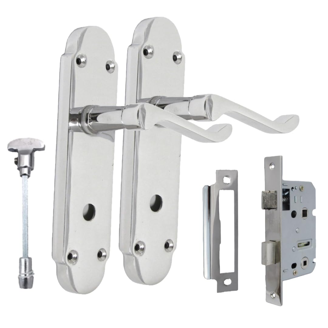 Epsom Door Handle Polished Chrome Bathroom Lever Set – Backplate Design with Privacy Sash Mechanism – Ideal for Interior Use – 1 Pair