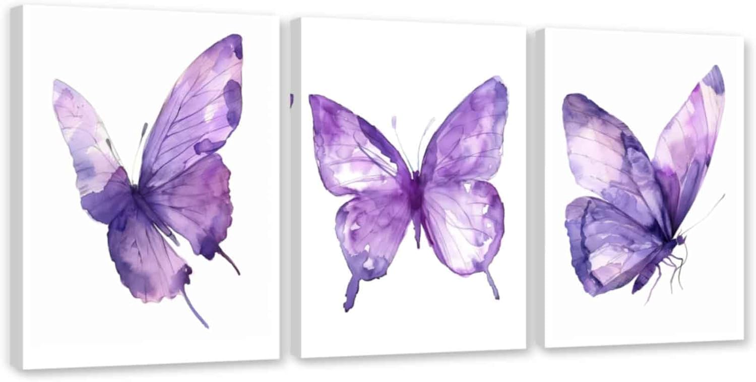 ARTZGX 3 Piece Purple Butterfly Canvas Wall Art Butterfly Pictures Wall Decor Watercolor Painting for Girls Room Decor Frame(Pink 12x16inchx3P (30x40cmx3P))