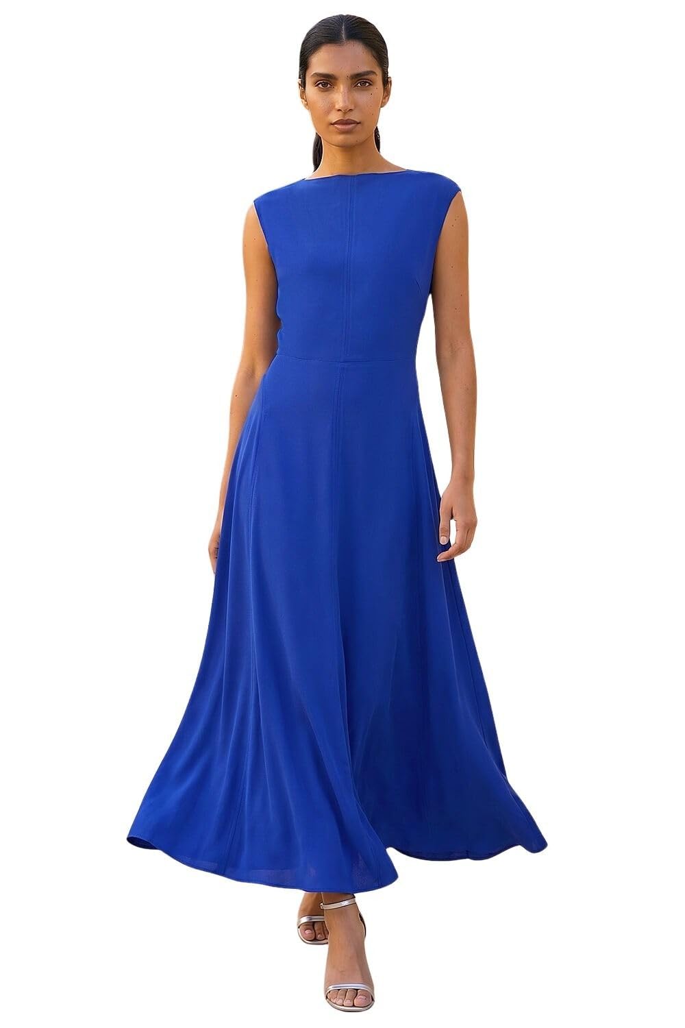 Roman High Neck Pleated Midi Dress, Blue, Size 18, Women