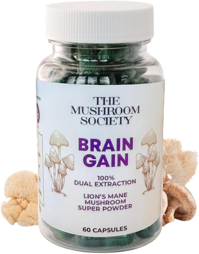 Brain Gain Lion’s Mane Supplement – 1000 mg Organic Dual Extraction with 30% Beta-Glucans for Memory, Focus & Brain Health – 60 Vegan Capsules