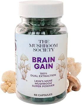 Brain Gain Lions Mane Supplement - 1000 mg Organic Dual Extraction with 30% Beta-Glucans for Memory, Focus & Brain Health - 60 Vegan Capsules
