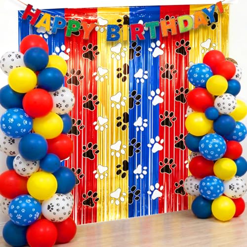 Image of 2 Pack Paw Foil Fringe Curtain, Blue Red Yellow Metallic Tinsel Backdrop for Kids Birthday Baby Shower Cartoon Dog Theme Party Decorations Supplies