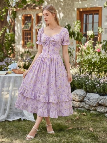 Image of Scarlet Darkness Women Floral Maxi Dress Puff Sleeve Tea Party Corset Dress | Pockets, Ruched Bust, Ruffled Hem, for Cottagecore Fairy Milkmaid Vacation