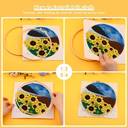 Axmru Needle Felting Kit Needle Felt Starter Set Wool Felt Supplies with Felt Needle Picture Frame Foam Pad Felt Cloth Instructions and Wool Bag, for Home Decoration-Sunflowers
