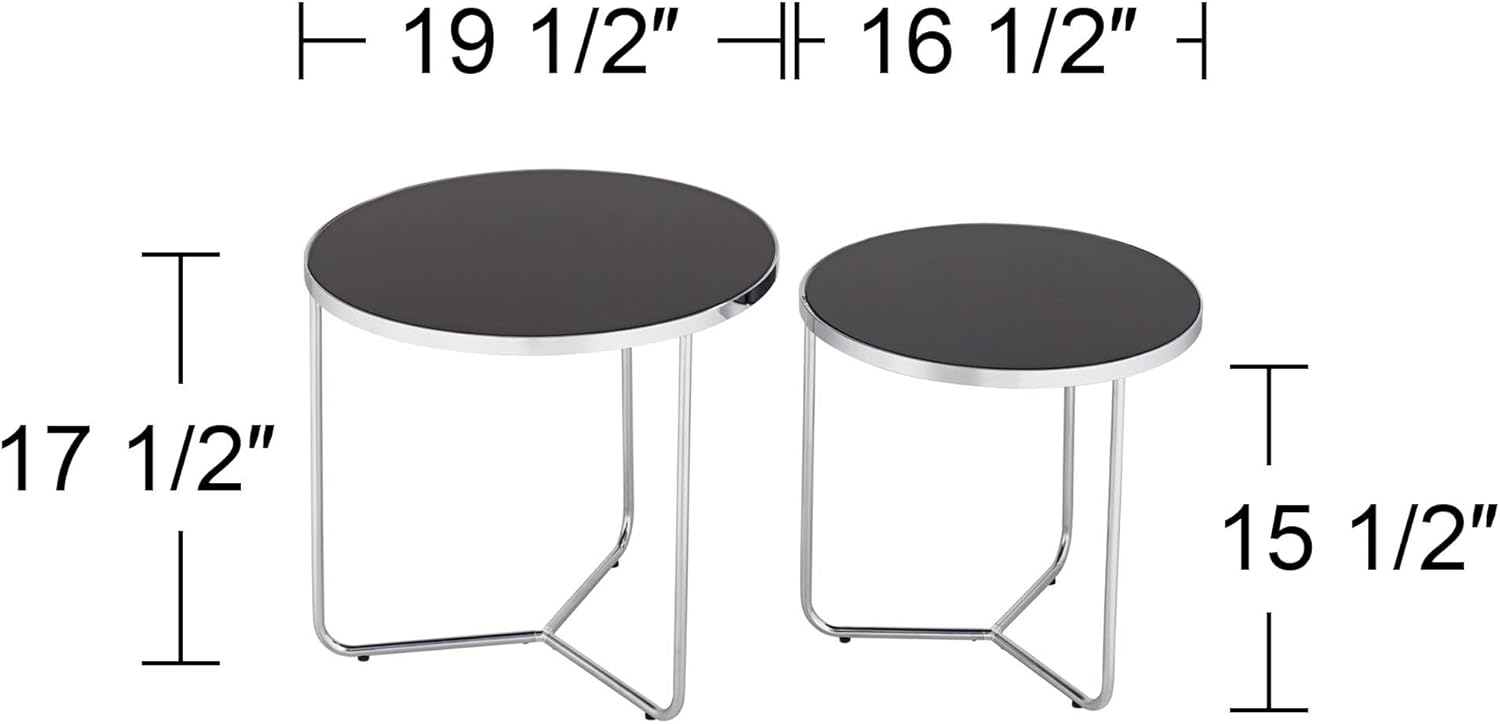 Studio 55D Collins Mid-Century Modern Chrome Round Nesting Tables Set of 2 19 1/2" Wide Silver Black Tempered Glass Tabletop for Living Room Bedroom Bedside Entryway House Home Office