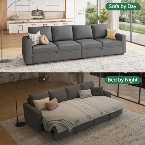 Image of HONBAY Modular Sectional Sleeper Sofa Bed, with Pull Out Bed, Linen Convertible Sectional Couches for Living Room - Dark Grey