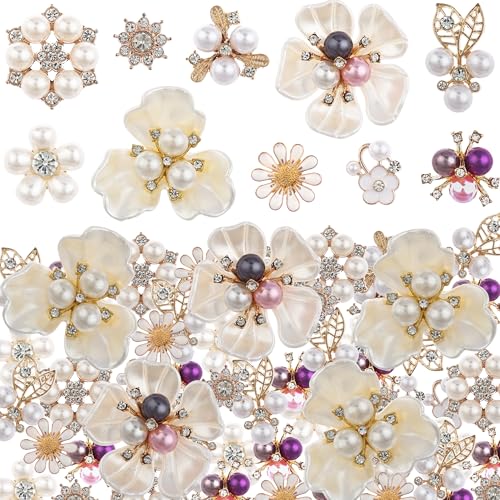 50PCS Rhinestone Buttons Faux Pearl Embellishments Buttons,Flat Back Flower Rhinestone Charms for Jewelry Making DIY Wedding Bouquet, Decor Clothes Bag Shoes Craft Accessory