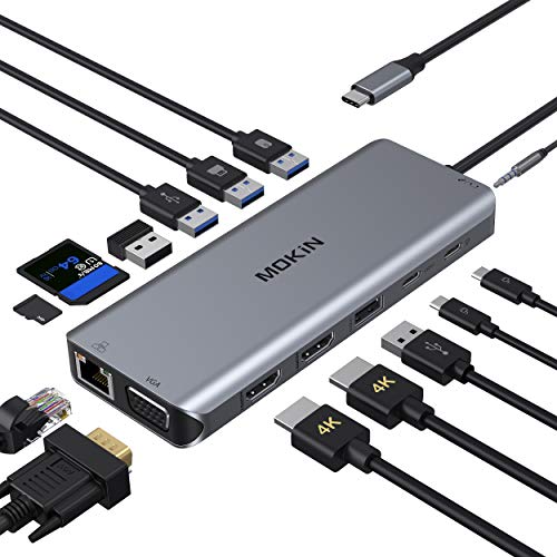 MOKiN Stacja dokująca USB C, 14 w 1, potrójny wyświetlacz, podwójny koncentrator USB C do podwójnego HDMI, VGA, Gigabit Ethernet, 5 portów USB 3.0/2.0, 100 W PD, czytnik kart SD/TF, dźwięk 3,5 mm