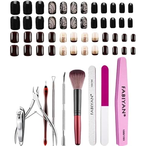 Gel Nail Kits 9 pcs Cuticle Remover Gel Nail Starters Kit and 48pcs Press On False Nails French Brown Glitter Press on Nails Removable Glue-on Nails Acrylic Full Cover Nails Women Girls (Black&blue) Cover
