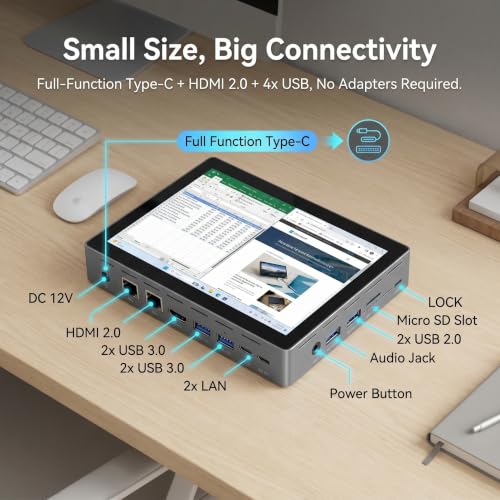 Image of 7 inch Mini PC Computer Win 11 Pro, Celeron N95 Mini Desktop PC with Display Touchscreen, 16GB RAM 256GB eMMC, Dual 4K Display Output, HDMI, Type-C3.1, WiFi 5.0, Dual LAN Ports, Wake on LAN