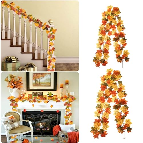 2 Pack 5.7FT Realistic Fall Leaf Garland for Thanksgiving Halloween Decor (Orange) - image 3