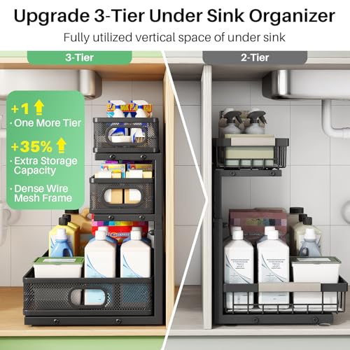 Image of Kitstorack Under Sink Organizer, 1-Pack 3-Tier Height Adjustable Thickened Metal Pull out Cabinet Organizer Shelf, Slide out Storage Drawer Rack for Bathroom Kitchen Pantry Home Laundry Organization