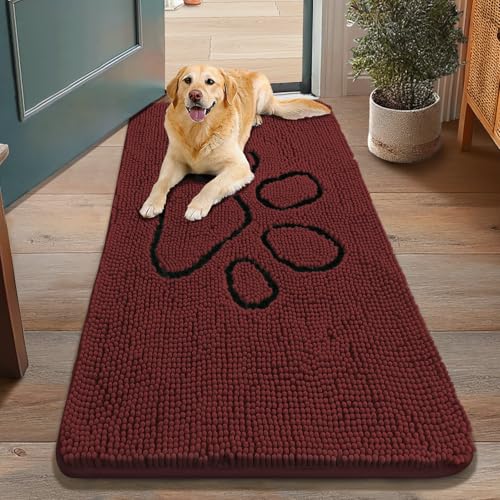Image of Smiry Dog Door Mat for Muddy Paws, Absorbent Dirt Trapper Non Slip Quick Dry Washable Chenille Mat for Mud Dogs, Entry Rug for Indoor and Outdoor (48x30 Inches, Caramel Russet and Black