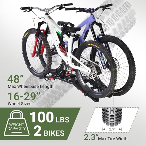 Bike Rack for 2 Bikes 100 lbs Capacity Fits 16-29\'\' Bikes, Hitch Bike Rack for Cars SUVs Trucks, Bicycle Rack for 1¼/2\" Receiver Tow Hitch, Tilting Folding Locking Anti-Wobble Bike Platform Carrier