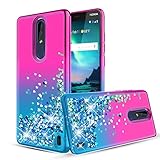 Bincoch Nokia 3.1 Plus Case,W/[Tempered Glass Screen Protector] Quicksand Bling Glitter Sparkle Soft TPU Shockproof Flexible Case for Women and Girls.Pink/Teal