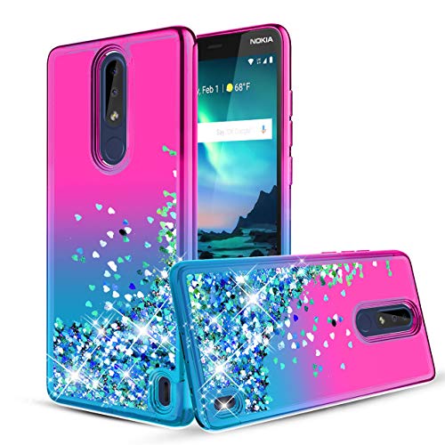 MUDHEN Bincoch Nokia 3.1 Plus Case,W/[Tempered Glass Screen Protector] Quicksand Bling Glitter Sparkle Soft TPU Shockproof Flexible Case for Women and Girls.Pink/Teal