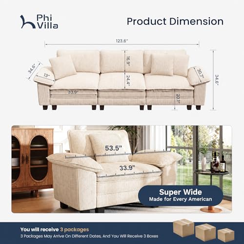 Image of PHI VILLA Modern Modular Couches Sets, 123.6 inch Cloud Sectional Sofa with Upholstered Deep Seat, 3-Seater Couch for Living Room Small Spaces, Corduroy Fabric, Beige