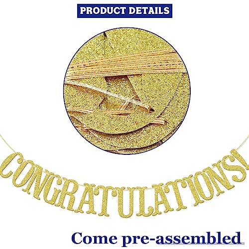 Image of Congratulations Banner, Graduation Party Decor | Gold Glitter Congrats Sign for Retirement, Wedding, Job Promotion Party Decorations, Pre-strung