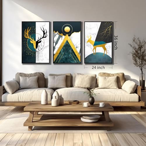 Image of Boho Canvas Wall Art Set of 3 with Black Frame, Abstract Minimalismt Bohemian Deer & Geometric Pictures Prints Artwork Paintings Wall Decor for Bedroom Living Room Home Decoration 24x36 inches