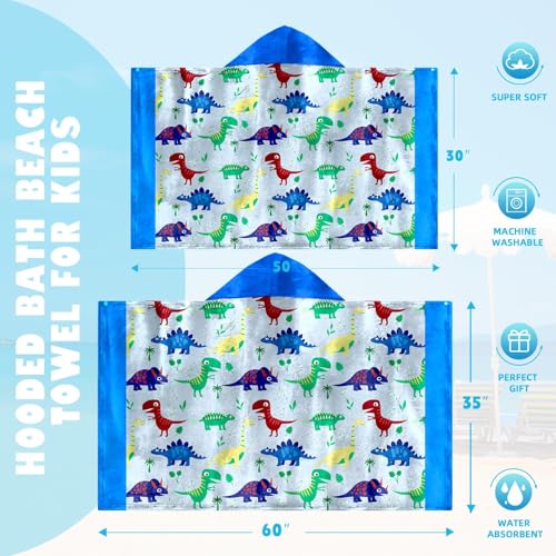 Image of Dinosaur Boys Beach Towel with Hoodie for Kids Toddlers Age 4-8,Dino Blue Bath Towels Shower Wrap for Boys, Hooded Poncho Beach Blanket for Pool Swimming Cute Wearable Bath Towel for Child