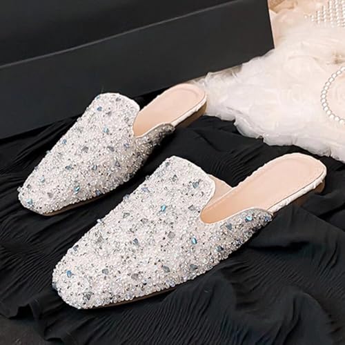 Stunner Women's Flat Mules Square Toe Bowtie Rhinestone Backless Mulers Shoes Casual Walking Flat Loafers4