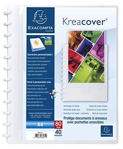 Exacompta - Réf. 86471E - 1 Protège-documents amovible à anneaux avec 40 pochettes grainées détachables - 80 vues - pour A4 - dim 24,5x31cm - couverture rigide personnalisable Kreacover -blanc