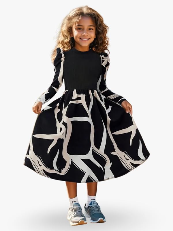 Niren Enterprise Abstract Art Print Girls Long Sleeve, Elegant Design, Soft Cotton Blend Midi Frock Dress - Review, Price and Buying Guide