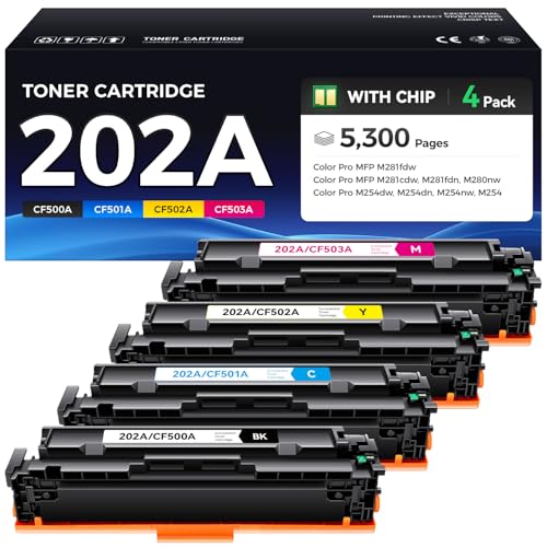 202A Toner Cartridge Set 4-Pack High Yield Replacement for HP 202A CF500A CF501A CF502A CF503A Compatible with HP Color LaserJet Pro MFP M281fdw M281cdw M281fdn M280nw M254dw M254dn M254nw Printer Ink