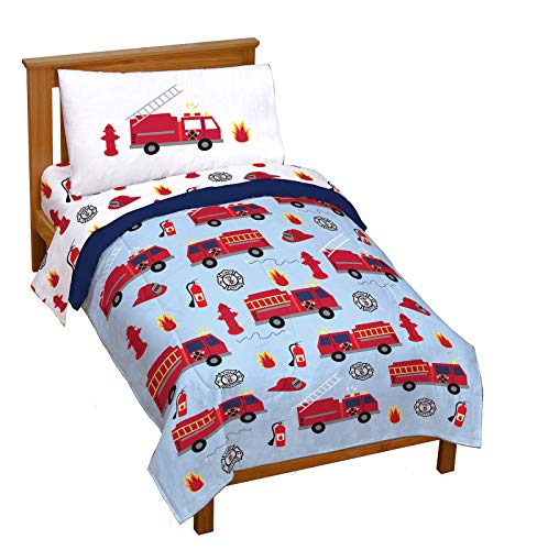 Image of Trend Collector Fire Truck Toddler Comforter Set 4 Piece Bedding, Blue | Bed in a Bag, Comforter Sheets Pillowcase, Official Brand, Soft Microfiber, Machine Washable, Easy Care, Boys Gift