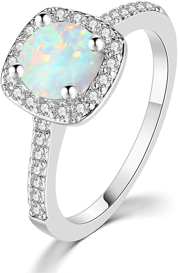 Taoqiao 925 Sterling Silver Rings for Women, Cubic Zirconia Promise Rings for Her, Created White Opal Rings October Birthstone Jewelry for Women with Gift Box