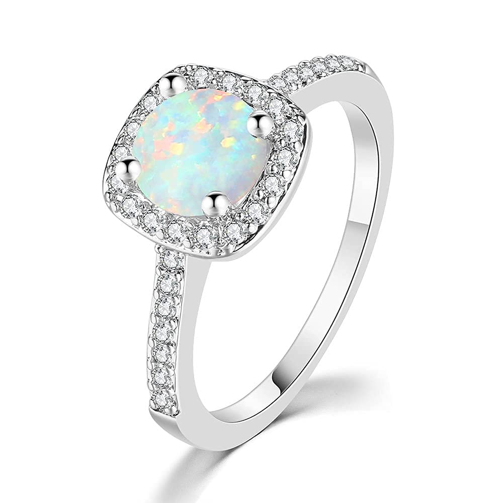 Taoqiao 925 Sterling Silver Rings for Women, Cubic Zirconia Promise Rings for Her, Created White Opal Rings October Birthstone Jewelry for Women with Gift Box