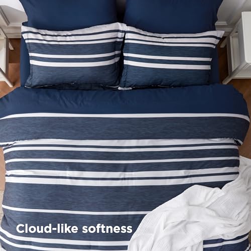 Image of Bedsure Queen Comforter Set 7 Pieces, Blue Striped Bedding Set for All Seasons, Reversible, Cationic Dyeing Bed in a Bag with Comforter, Sheets, Pillowcases & Shams