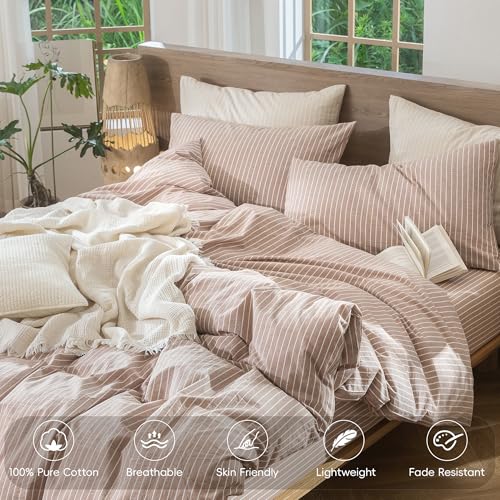 Image of MooMee Striped Duvet Cover Set 100% Washed Cotton Linen Like Twin | Relaxed Linen-like Texture. Soft, Breathable & Long-lasting Comfort. Lightweight. Hidden Zipper with 8 Interior Corner Ties