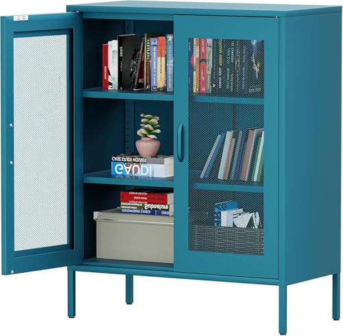 MetaCate lnov Armario Metalico de Puertas de Malla,Aparador de Metal,Marco de Acero,Armario para Licores con Estantes Ajustables,para Cocina, Sala de Estar, Oficina en Casa,40 x 80 x 102AL cm, Azul