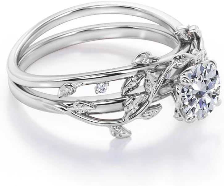 Center 1 CT Round Cut Floral Moissanite Wedding Rings Sets for Women Leaf and Vine Art Deco Engagement Ring Sets in S925 Sterling Silver 10K 14K 18K Gold with Text Engraving
